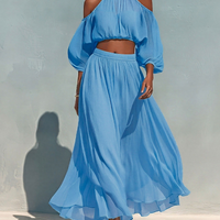 Women’s Blue Tencel Cold-Shoulder Halter Crop Top & Maxi Skirt Two-Piece Set MDZ3071D1T