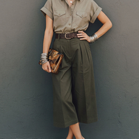 Women's Commuter Style Khaki Cotton Blend Collared Work Shirt And Army Green High-Waisted Pleated Wide-Leg Capri Trousers Suit MDZ3073D9GMJ