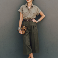 Women's Commuter Style Khaki Cotton Blend Collared Work Shirt And Army Green High-Waisted Pleated Wide-Leg Capri Trousers Suit MDZ3073D9GMJ