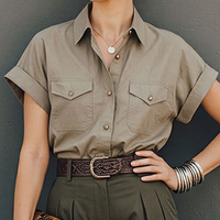 Women's Commuter Style Khaki Cotton Blend Collared Work Shirt And Army Green High-Waisted Pleated Wide-Leg Capri Trousers Suit MDZ3073D9GMJ