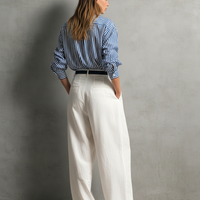 Women's Casual Blue And White Striped Woven Long-Sleeve Shirt And White Cotton-Linen Trousers Set (Belt Not Included) MDZ2960D7LXY