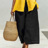 Women’s Yellow Linen-Blend Short-Sleeve Button-Down Top & Black Wide-Leg Pants Two-Piece Set MDZ3003D2T