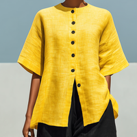 Women’s Yellow Linen-Blend Short-Sleeve Button-Down Top & Black Wide-Leg Pants Two-Piece Set MDZ3003D2T