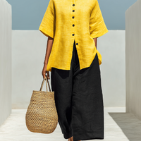 Women’s Yellow Linen-Blend Short-Sleeve Button-Down Top & Black Wide-Leg Pants Two-Piece Set MDZ3003D2T