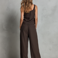 Women's Casual Brown Cotton-Linen Sleeveless Vest With Trousers MDZ2986D9LXY