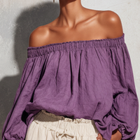 Women's Casual Style Purple Cotton And Linen Off-shoulder Long Lantern Sleeve Top MDZ0697E3GMJ