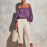 Women's Casual Style Off-white Cotton And Linen Elastic Waistband Capri Pants MDZ0679E4GMJ