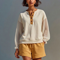 Women’s Off-White Sheer-Sleeve Henley Sweatshirt & Mustard Drawstring Shorts Two-Piece Set MDZ0734E0T