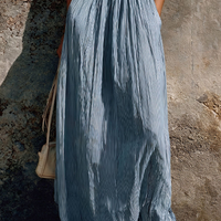 Women's Vacation Style Blue And White Striped Linen-Cotton Halter Gathered Waist Button Maxi Dress MDZ0727E7GMJ
