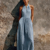 Women's Vacation Style Blue And White Striped Linen-Cotton Halter Gathered Waist Button Maxi Dress MDZ0727E7GMJ