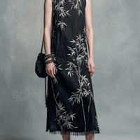 Women's New Chinese Style Black Cotton Blend Bamboo Print Tassel Sleeveless Long Dress MDZ0739E0GMJ