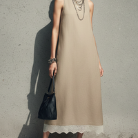 Women's Minimalist-Style Khaki Cotton-Linen Sleeveless Maxi Dress With Lace-Paneled Hem MDZ0787E3GMJ