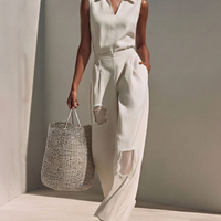 Women’s Beige Linen-Blend Sleeveless Polo Top & Mesh-Panel Wide-Leg Pants Two-Piece Set MDZ0757E6T