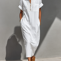 Women's White Cotton-Blend Maxi Shirt Dress With Half-Zip Collar & Rolled Sleeves, Timeless Casual Everyday Dress MDZ0779E4LYL