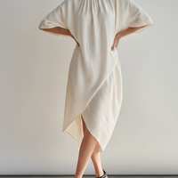 Women's Cream Linen-Blend Midi Dress With Turtleneck & Dolman Sleeves, Timeless Minimalist Casual Dress MDZ0718E5LYL