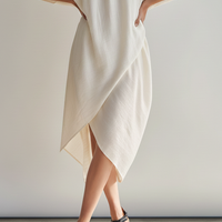 Women's Cream Linen-Blend Midi Dress With Turtleneck & Dolman Sleeves, Timeless Minimalist Casual Dress MDZ0718E5LYL