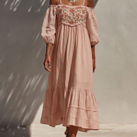 Women’s Blush Pink Cold-Shoulder Floral Embroidered Maxi Dress With Tiered Skirt MDZ0712E7T