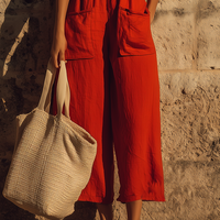 Women's Red Linen V-Neck Cropped Jumpsuit With Patch Pockets, Contemporary Minimalist Vacation Outfit MDZ0769E5LYL