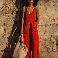 Women's Red Linen V-Neck Cropped Jumpsuit With Patch Pockets, Contemporary Minimalist Vacation Outfit MDZ0769E5LYL