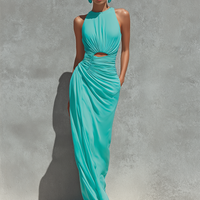 Women's Jersey Knit Maxi Dress With Front Ruched Waist & Side Pocket, Contemporary Sophisticated Party Dress MDZ0748E3LYL
