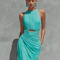 Women's Jersey Knit Maxi Dress With Front Ruched Waist & Side Pocket, Contemporary Sophisticated Party Dress MDZ0748E3LYL