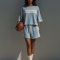 Women's Light Blue Cotton-Blend Stripe Co-Ord Set With Crop Top & Shorts, Modern Sporty-Chic Outfit MDZ0771E9LYL
