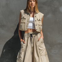 Women's Casual Khaki Woven Sleeveless Cropped Top/Vest Paired With A Long Skirt (Inner Layer Not Included) MDZ0763E5LXY
