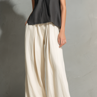 Women's Casual Grey Cotton-Linen V-Neck Sleeveless Top And Off-White Cotton-Linen Trousers Set MDZ0772E9LXY