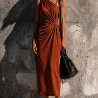 Women's Mature And Sophisticated Caramel-Colored Knit Cotton Blend Off-Shoulder Twist Waist Maxi Dress MDZ0737E1GMJ