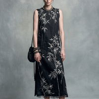 Women's New Chinese Style Black Cotton Blend Bamboo Print Tassel Sleeveless Long Dress MDZ0739E0GMJ