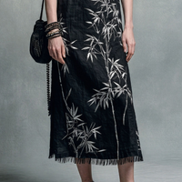 Women's New Chinese Style Black Cotton Blend Bamboo Print Tassel Sleeveless Long Dress MDZ0739E0GMJ