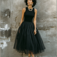 Women's Retro Black Knit Cotton Blend Polka Dot Tulle Spliced Sleeveless Midi Dress MDZ0797E8GMJ