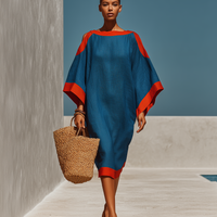 Women’s Blue Linen-Blend Cold-Shoulder Midi Dress With Red Contrast Trim MDZ0856E9T