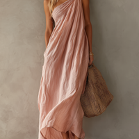 Women's Elegant Pink Cotton-Linen One-Shoulder Sleeveless Maxi Dress MDZ0829E1LXY