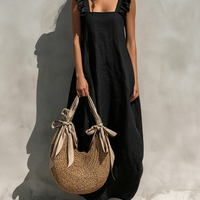 Women's Minimalist Black Cotton-Linen Square-Neck Sleeveless Maxi Dress MDZ0837E0LXY