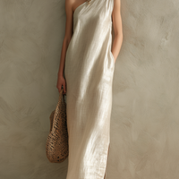 Women's Elegant Pearl White Woven Satin One-Shoulder Sleeveless Maxi Dress MDZ0835E6LXY