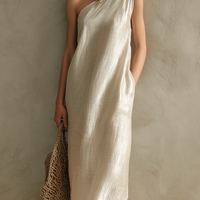 Women's Elegant Pearl White Woven Satin One-Shoulder Sleeveless Maxi Dress MDZ0835E6LXY