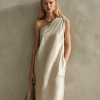 Women's Elegant Pearl White Woven Satin One-Shoulder Sleeveless Maxi Dress MDZ0835E6LXY