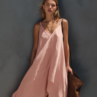 Women's Elegant Pink Cotton-Linen Strappy Sleeveless Midi Dress MDZ0828E8LXY