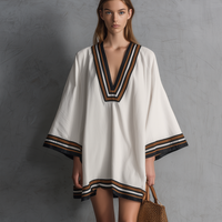 Women's Casual White Woven V-Neck Short Dress With Mid-Length Sleeves MDZ0865E5LXY