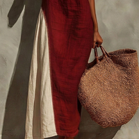 Women's Burgundy Linen-Blend Maxi Dress With Contrast Panel & Spaghetti Straps, Timeless Bohemian Summer Dress MDZ0839E9LYL