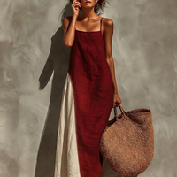 Women's Burgundy Linen-Blend Maxi Dress With Contrast Panel & Spaghetti Straps, Timeless Bohemian Summer Dress MDZ0839E9LYL