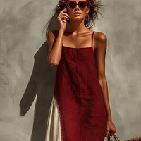 Women's Burgundy Linen-Blend Maxi Dress With Contrast Panel & Spaghetti Straps, Timeless Bohemian Summer Dress MDZ0839E9LYL