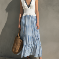 Women's Elegant White Woven & Embroidered V-Neck Sleeveless Maxi Dress MDZ0853E9LXY