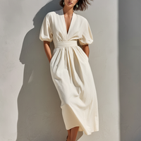 Women's Off-White Linen-Blend Midi Dress With V-Neck & Puff Sleeves, Timeless Minimalist Summer Dress MDZ0826E0LYL