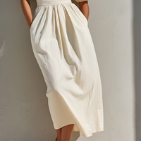 Women's Off-White Linen-Blend Midi Dress With V-Neck & Puff Sleeves, Timeless Minimalist Summer Dress MDZ0826E0LYL