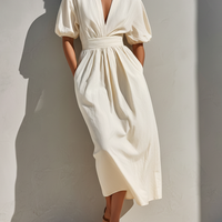 Women's Off-White Linen-Blend Midi Dress With V-Neck & Puff Sleeves, Timeless Minimalist Summer Dress MDZ0826E0LYL