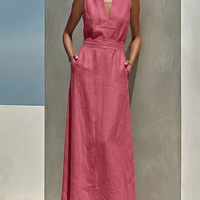 Women's Dusty Pink Linen-Blend Maxi Dress With V-Neck & Belted Waist, Timeless Minimalist Summer Dress MDZ0875E5LYL