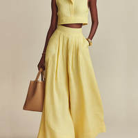 Women's Pale Yellow Linen-Blend Two-Piece Set With Cropped Sleeveless Top & Wide Leg Pants, Timeless Minimalist Casual Outfit MDZ0866E7LYL