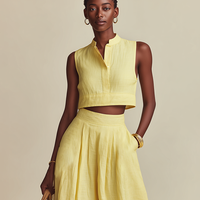 Women's Pale Yellow Linen-Blend Two-Piece Set With Cropped Sleeveless Top & Wide Leg Pants, Timeless Minimalist Casual Outfit MDZ0866E7LYL